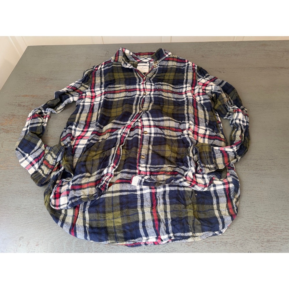 American Eagle Boyfriend Fit Flannel Shirt Large Plaid Viscose Navy Olive Red